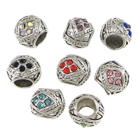 Rhinestone Tibetan Style Beads, Drum, antique silver color plated, with rhinestone, more colors for choice, nickel, lead & cadmium free, 11x9.50mm, Hole:Approx 6mm, 200PCs/Lot, Sold By Lot