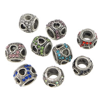 Tibetan Style European Beads, Drum, antique silver color plated, with heart pattern & without troll & with rhinestone & hollow, more colors for choice, nickel, lead & cadmium free, 10x8.50mm, Hole:Approx 5mm, 100PCs/Lot, Sold By Lot