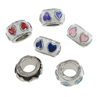 Tibetan Style European Beads, Donut, platinum color plated, with heart pattern & without troll & enamel, more colors for choice, nickel, lead & cadmium free, 6x10mm, Hole:Approx 5mm, 200PCs/Lot, Sold By Lot