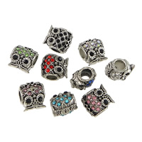 Tibetan Style European Beads, Owl, antique silver color plated, without troll & with rhinestone, mixed colors, nickel, lead & cadmium free, 10.50x12x8mm, Hole:Approx 4.5mm, 100PCs/Lot, Sold By Lot