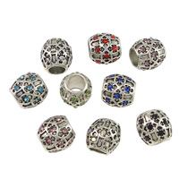Tibetan Style European Beads, Drum, antique silver color plated, without troll & with rhinestone, more colors for choice, nickel, lead & cadmium free, 10x9.50mm, Hole:Approx 5mm, 100PCs/Lot, Sold By Lot