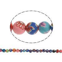 Polymer Ton Perlen , rund, handgemacht, mit Blumenmuster, farbenfroh, 6mm, Bohrung:ca. 1mm, Länge:ca. 9 ZollInch, 20SträngeStrang/Tasche, ca. 40PCs/Strang, verkauft von Tasche