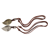 Cowhide Sweater Necklace, with Tibetan Style, Leaf, plated, adjustable, more colors for choice, 38x65mm, Length:39 Inch, 10Strands/Lot, Sold By Lot