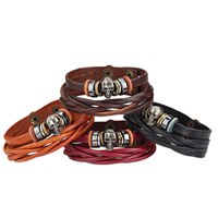 Men Bracelet, Cowhide, with Non Magnetic Hematite & Wood & Stainless Steel & Tibetan Style, Skull, plated, adjustable, more colors for choice, 28mm, Length:8 Inch, 10Strands/Lot, Sold By Lot