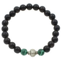 Wrist Mala, Black Sandalwood, with Malachite & Copper Coated Plastic, Round, Buddhist jewelry, black, 9x12mm, 9mm, Length:Approx 7.5 Inch, 20Strands/Bag, 23PCs/Strand, Sold By Bag