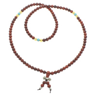 108 Mala Beads Red Sandalwood with nylon elastic cord & turquoise & Glass & Zinc Alloy Round Buddhist jewelry henna 6mm 7mm Length Approx 26 Inch  Sold By Bag