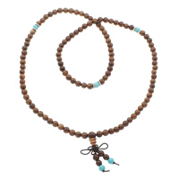 108 Mala Beads, Tiger Wood, with nylon elastic cord & turquoise & Tibetan Style, Round, Buddhist jewelry, coffee color, 6mm, 7mm, Length:Approx 26 Inch, 10Strands/Bag, 108PCs/Strand, Sold By Bag