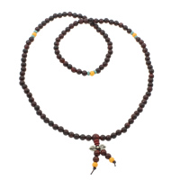 108 Mala Beads Red Sandalwood with nylon elastic cord & turquoise & Yellow Agate & Zinc Alloy Round Buddhist jewelry coffee color 6mm 7mm Length Approx 26 Inch  Sold By Bag