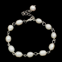 perla d'acquadolce coltivata naturalmente braccialetto, lega di zinco laccetto, with 3cm extender chain, naturale, bianco, 7-8mm, Venduto per Appross. 7.5 pollice filo