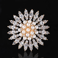 Rhinestone Brooch, Tibetan Style, with Glass Pearl, Flower, gold color plated, with rhinestone, nickel, lead & cadmium free, 53x53mm, 20PCs/Lot, Sold By Lot
