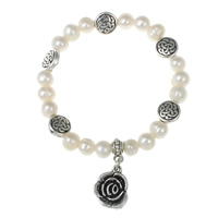 Freshwater Pearl Bracelet with Zinc Alloy Flower antique silver color plated 8-9mm Sold Per Approx 7.5 Inch Strand