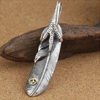 Thailand Sterling Silver Pendants, Feather, 67x14x12mm, Hole:Approx 1-3mm, Sold By PC