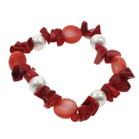 Bracelet corail, corail naturel, avec coquille de mer du sud, naturel, rouge, 10mm, 7-13mm, Vendu par Environ 6.5 pouce brin