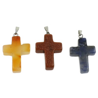 Gemstone Pendants Jewelry, with brass bail, Cross, natural, different materials for choice, 19x30x7mm, Hole:Approx 2x5mm, 50PCs/Bag, Sold By Bag