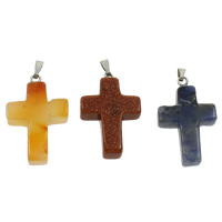 Edelstein Anhänger Schmuck, mit Messing Stiftöse, Kreuz, natürlich, verschiedenen Materialien für die Wahl, 19x30x7mm, Bohrung:ca. 2x5mm, 50PCs/Tasche, verkauft von Tasche