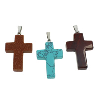 Gemstone Pendants Jewelry, with brass bail, Cross, natural, different materials for choice, 28x45x8mm, Hole:Approx 3x8mm, 50PCs/Bag, Sold By Bag