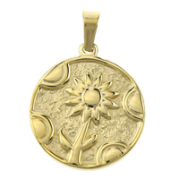 Bijoux pendentifs en acier inoxydable , Plat rond, Placage de couleur d'or, avec le motif de fleurs, 24x27.50x3mm, Trou:Environ 4x6mm, 10PC/lot, Vendu par lot