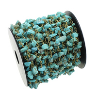 Turquoise Beaded Chain, with plastic spool & Brass, handmade, original color, 13mm, 1.5-6x5-13x1.5-6mm, 10m/Spool, Sold By Spool