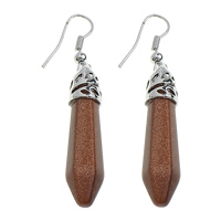Goldstone Drop Earring, with Brass, pendulum, platinum color plated, natural, nickel, lead & cadmium free, 9x36x8mm, 53.5mm, 10Pairs/Lot, Sold By Lot