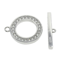 Brass Toggle Clasp, Donut, platinum color plated, with 925 logo & micro pave cubic zirconia & single-strand, nickel, lead & cadmium free, 15x18x2mm, 19x4x3mm, Hole:Approx 1mm, 2Sets/Bag, Sold By Bag