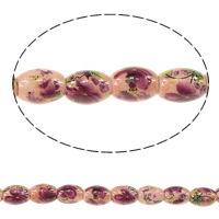 Printing Porcelain Beads, Oval, with flower pattern, 10x8mm, Hole:Approx 3mm, Length:Approx 13 Inch, 5Strands/Lot, Approx 32PCs/Strand, Sold By Lot