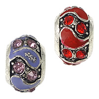 Rhinestone Tibetan Style Beads, Drum, silver color plated, enamel & with rhinestone & large hole & blacken, more colors for choice, nickel, lead & cadmium free, 9x13mm, Hole:Approx 6.5mm, 50PCs/Lot, Sold By Lot