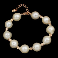 Bracelet en perles de culture d'eau douce, perle nucléée de culture d'eau douce, avec laiton, avec 4cm chaînes de rallonge, baroque, Plaqué de couleur d'or rose, naturel, blanc, 11-12mm, Vendu par Environ 5.5 pouce brin