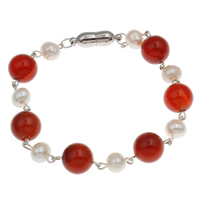 Freshwater Cultured Pearl Bracelet, Freshwater Pearl, with Red Agate & Iron, brass magnetic clasp, Round, natural, 7-8mm, Sold Per Approx 7 Inch Strand