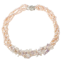 Natural Freshwater Pearl Necklace, with Amethyst & Clear Quartz, brass box clasp, Baroque, February Birthstone & 4-strand, pink, 6-7mm, Sold Per Approx 16.5 Inch Strand
