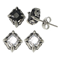 Stainless Steel Stud Earrings, Rhombus, with cubic zirconia & blacken, more colors for choice, 10x11x4mm, 6Pairs/Lot, Sold By Lot