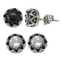 Stainless Steel Stud Earrings Flat Round with cubic zirconia & blacken Sold By Lot