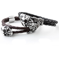 PU Leather Cord Bracelets, with Titanium Steel, Skull, enamel, more colors for choice, 28mm, Sold Per Approx 8.6 Inch Strand
