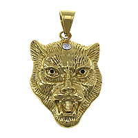 Stainless Steel Animal Pendants, Tiger, gold color plated, with cubic zirconia & blacken, 30x43x9mm, Hole:Approx 6.5x8mm, 6PCs/Lot, Sold By Lot