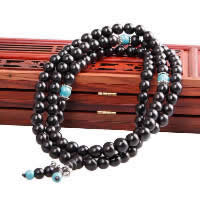 108 Mala Beads, Black Sandalwood, with Elastic Thread & Turquoise & Tibetan Style, antique silver color plated, Buddhist jewelry & different size for choice & 4-strand, 10Strands/Lot, 108PCs/Strand, Sold By Lot