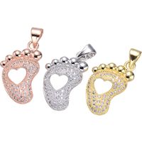 Cubic Zirconia Micro Pave Brass Pendant, Foot, plated, micro pave cubic zirconia, more colors for choice, nickel, lead & cadmium free, 12x20mm, Hole:Approx 3.8mm, 5PCs/Lot, Sold By Lot