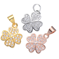 Brass Clover Pendant, Four Leaf Clover, plated, micro pave cubic zirconia, more colors for choice, nickel, lead & cadmium free, 12x15mm, Hole:Approx 3.6mm, 5PCs/Lot, Sold By Lot