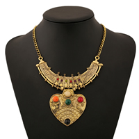 Fashion Statement Necklace, Tibetan Style, with Acrylic, with 1lnch extender chain, Heart, antique gold color plated, twist oval chain & faceted & with rhinestone, nickel, lead & cadmium free, 50mm, Length:Approx 17 Inch, 10Strands/Lot, Sold By Lot