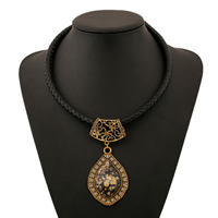 Resin Necklace, PU Leather, with Resin, with 1lnch extender chain, Teardrop, antique gold color plated, faceted & with rhinestone & gold foil & hollow, nickel, lead & cadmium free, 50mm, Length:Approx 17 Inch, 10Strands/Lot, Sold By Lot