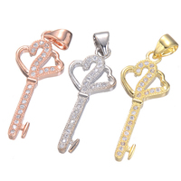 Cubic Zirconia Micro Pave Brass Pendant, Key, plated, micro pave cubic zirconia, more colors for choice, nickel, lead & cadmium free, 11x27mm, Hole:Approx 3.7mm, 5PCs/Lot, Sold By Lot