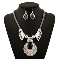 earring & necklace, Tibetan Style, with Resin, brass earring hook, with 1lnch extender chain, Teardrop, antique silver color plated, mesh chain & faceted & hammered, nickel, lead & cadmium free, 22x41mm,58x85mm,125mm, Length:Approx 17 Inch, 10Sets/Lot, Sold By Lot