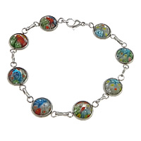 Stainless Steel, with Murano Millefiori Lampwork, Tibetan Style lobster clasp, bar chain, original color, 19.5x12x4.5mm, 7.5x1.5mm, Length:Approx 8 Inch, 20Strands/Lot, Sold By Lot