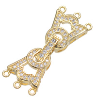 Brass Fold Over Clasp, real gold plated, micro pave cubic zirconia & 3-strand, nickel, lead & cadmium free, 13x34mm, Hole:Approx 1.2mm, 5PCs/Lot, Sold By Lot
