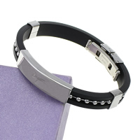 Men Bracelet, Silicone, with Stainless Steel, black, 39x10x5mm, 9mm, Sold Per 8-9 Inch Strand