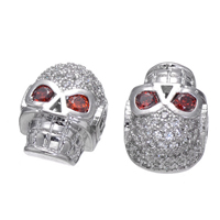 Cubic Zirconia Micro Pave Brass Beads, Skull, platinum plated, micro pave cubic zirconia & hollow, nickel, lead & cadmium free, 10x13mm, Hole:Approx 2.7mm, 5PCs/Lot, Sold By Lot