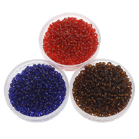 Sølv Foret Glass Seed Beads, Glas Seed Beads, Runde, sølv-foret, flere farver til valg, 2x1.9mm, Hole:Ca. 1mm, Ca. 17100pc'er/Bag, Solgt af Bag