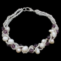 Sötvatten odlade Pearl Bracelet, Kristall, med Freshwater Pearl & Glass Seed Beads, järn skruva lås, 4-5mm, Såld Per 7.5 inch Strand