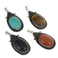 Gemstone Pendants Jewelry, with Tibetan Style, Teardrop, natural, mixed colors, 30x55x12mm, Hole:Approx 5x8mm, 30PCs/Bag, Sold By Bag