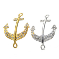 Tibetan Style Connector, Anchor, plated, nautical pattern & with rhinestone & 1/1 loop, more colors for choice, nickel, lead & cadmium free, 30.80x42mm, Hole:Approx 2.5mm, 40PCs/Lot, Sold By Lot