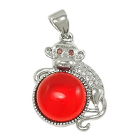 Cubic Zirconia Micro Pave Brass Pendant, with Red Agate, Monkey, platinum plated, micro pave cubic zirconia, nickel, lead & cadmium free, 16x20x6mm, Hole:Approx 3x4mm, 10PCs/Lot, Sold By Lot