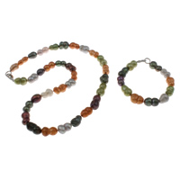 Natural Cultured Freshwater Pearl Jewelry Sets, bracelet & necklace, brass lobster clasp, Keshi, multi-colored, 11-19mm, Length:Approx 7.5 Inch, Approx 17 Inch, Sold By Set